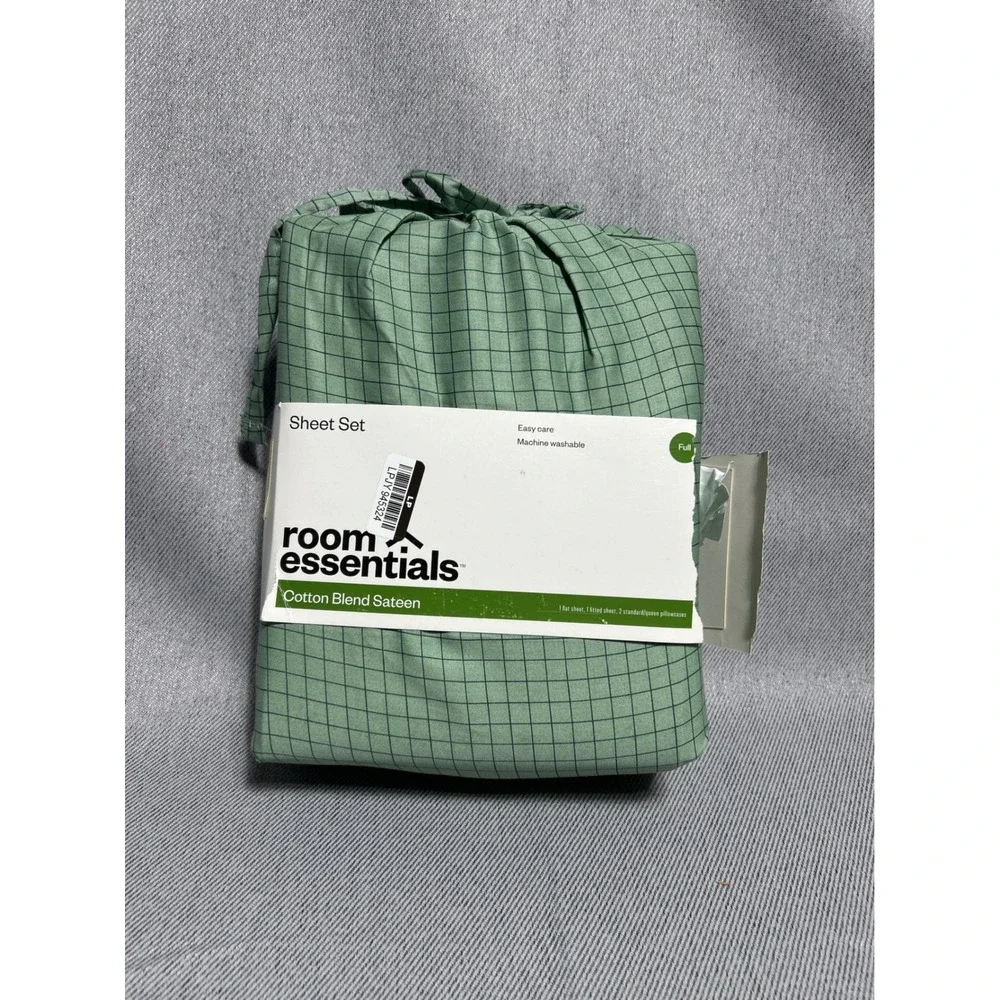 Room Essentials Full Sheet Set Green Grid Cotton Blend Sateen 4 Piece Bedding